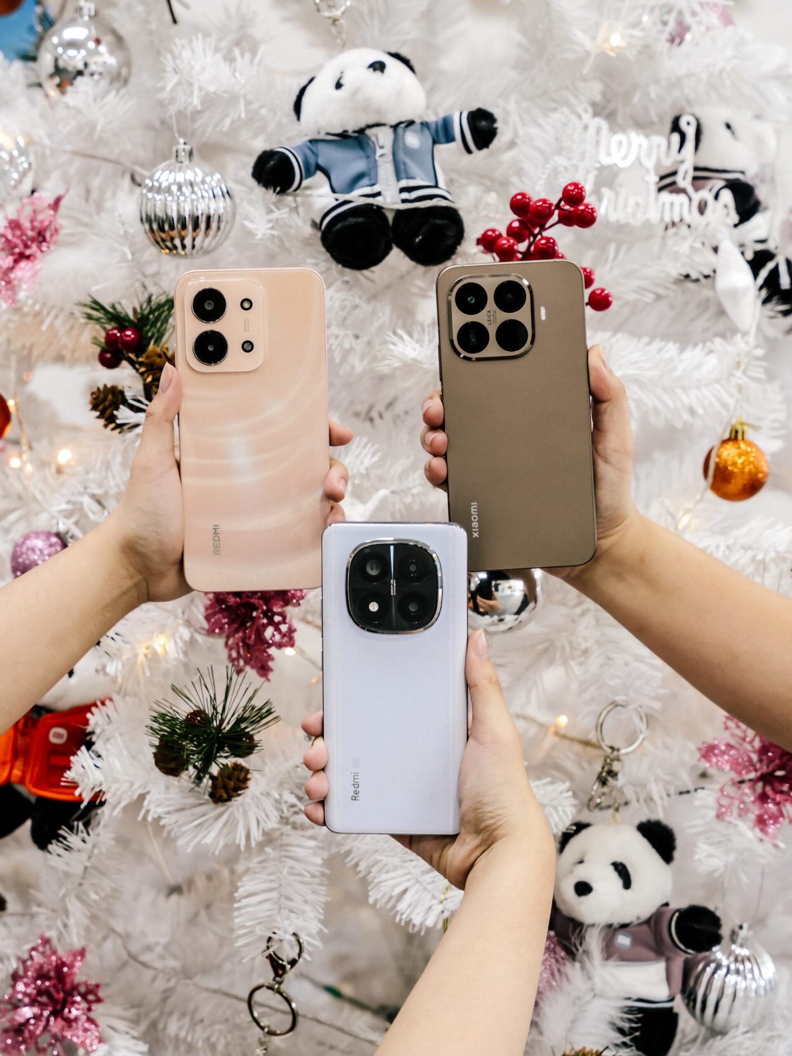 A promotional image showcasing various Xiaomi phones for a holiday gift guide.