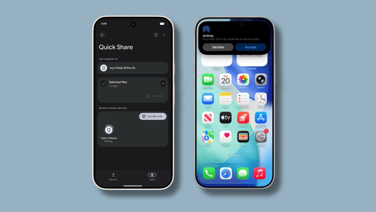 A visual representation of an iPhone using AirDrop to share a file with an Android phone using Quick Share, symbolizing their new compatibility.