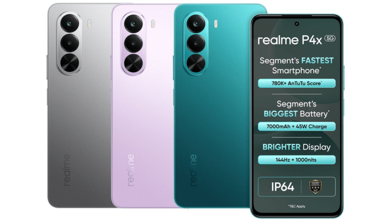 Promotional image of the realme P4x 5G highlighting its powerful performance and large battery.