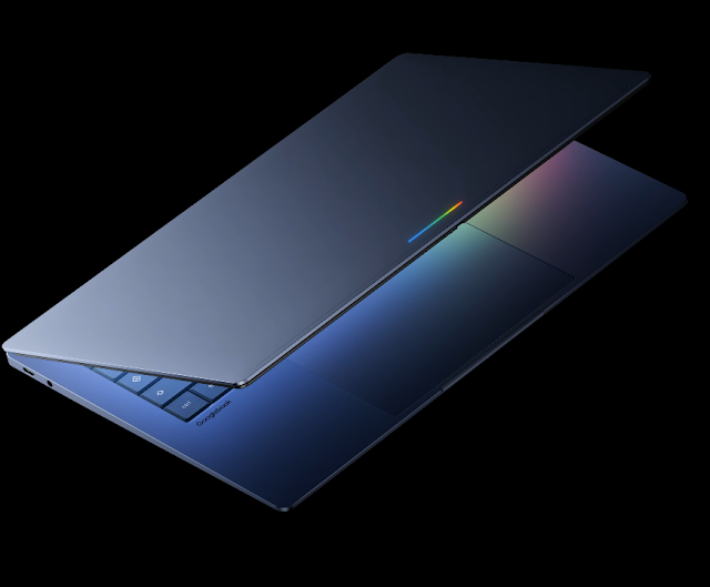 The Googlebook displayed on a stand, showcasing its sleek design.